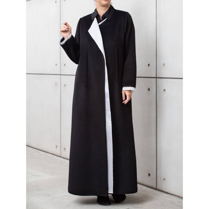 Winter Coat Abaya in wool with white organza