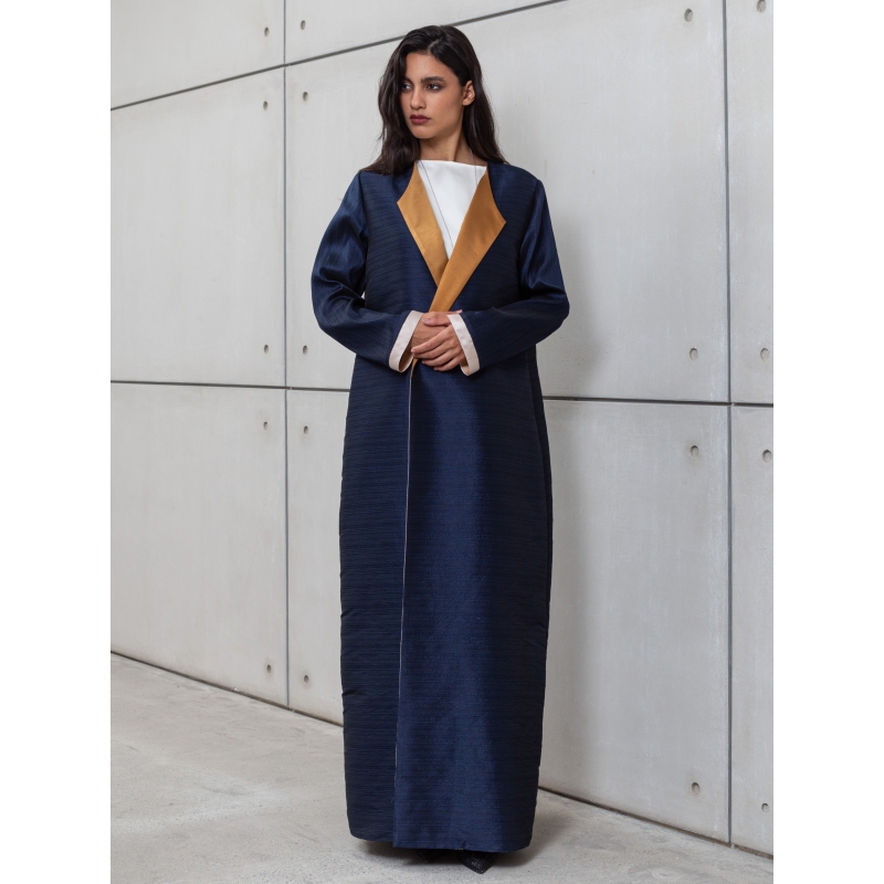 STRUCTURED ABAYA IN NAVY BLUE WITH GOLD DETAILING