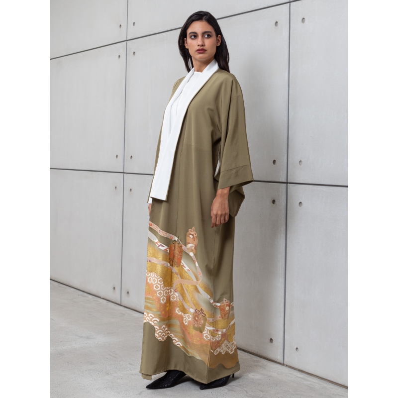 HAND PAINTED KIMONO IN OLIVE GREEN