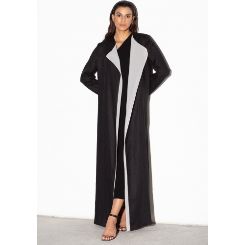Linen Abaya in Black with Ivory Inner Detail