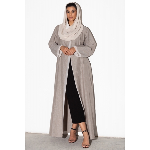 Linen Abaya in Stone with Ivory Inner Detail