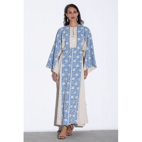 Embroidered Woven Kaftan in Blue and Ivory