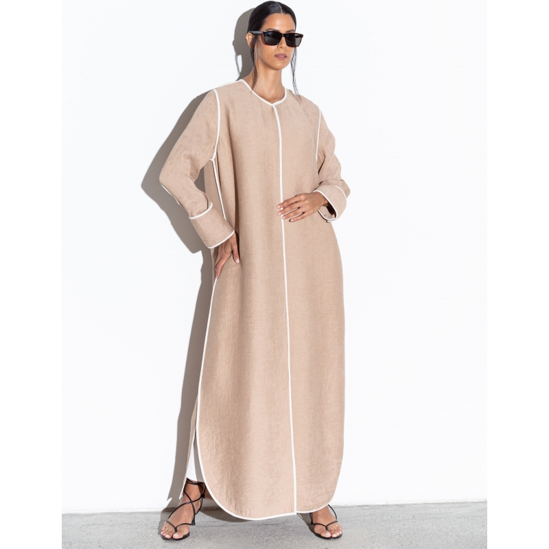 Beige Ripple abaya With White piping