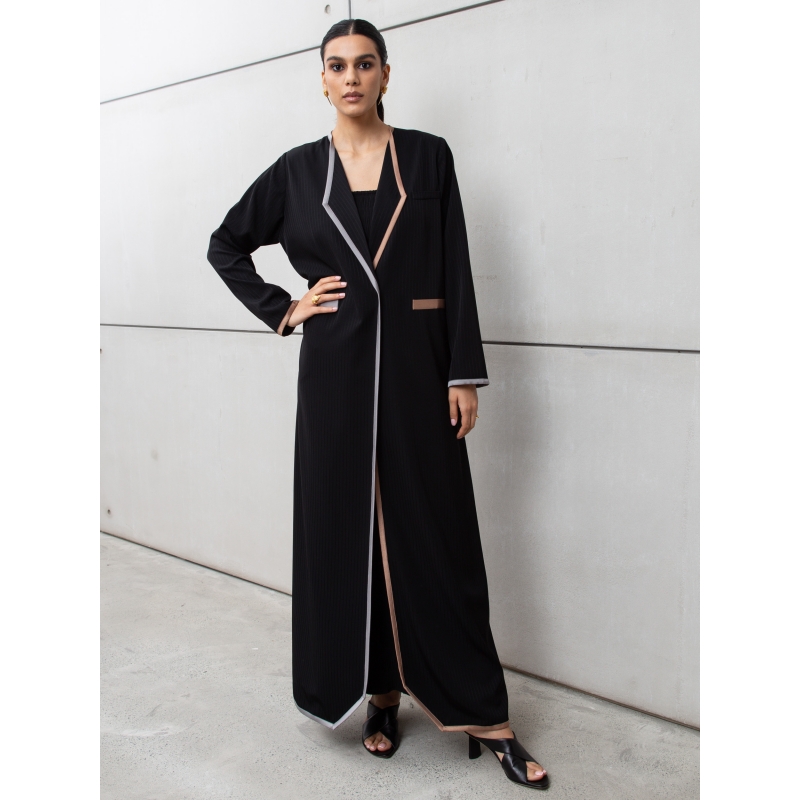 Black Pinstripe Abaya with Gold and Silver Detailing